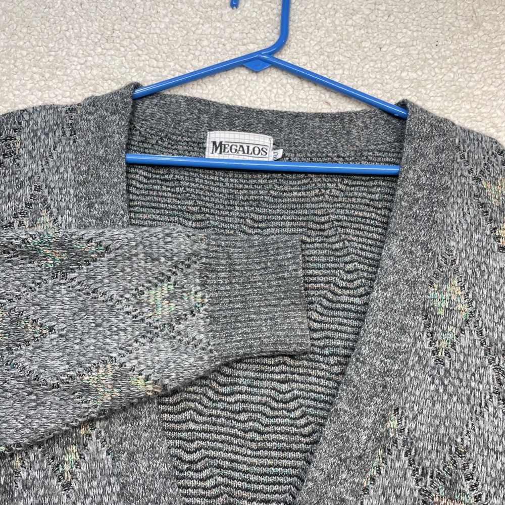 Megalos Cardigan Sweater Mens XL‎ Grey Argyle Diamond Knit V-Neck Button Front